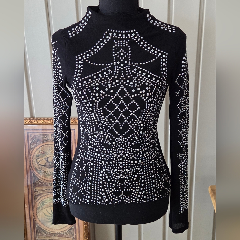Love J Sheer Embellished Long Sleeve Rear Zip Shirt S